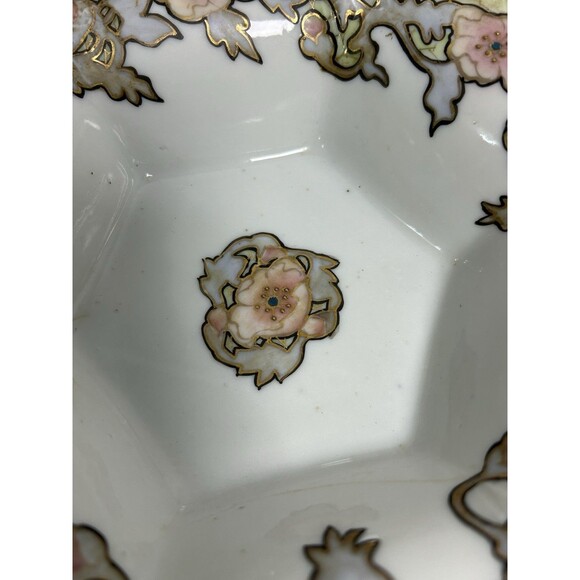 Antique Nippon Morimura Hand Painted Serving Bowl Pink Floral Gold Trim CHIP - Picture 5 of 8